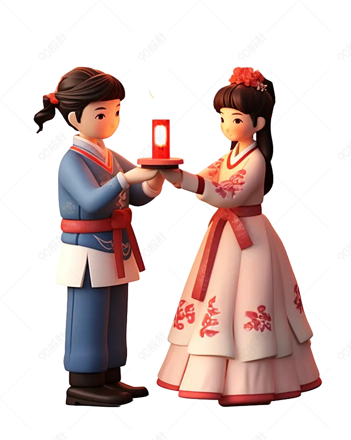 粉色和蓝色衣服女孩手捧台灯3d人物装饰元素