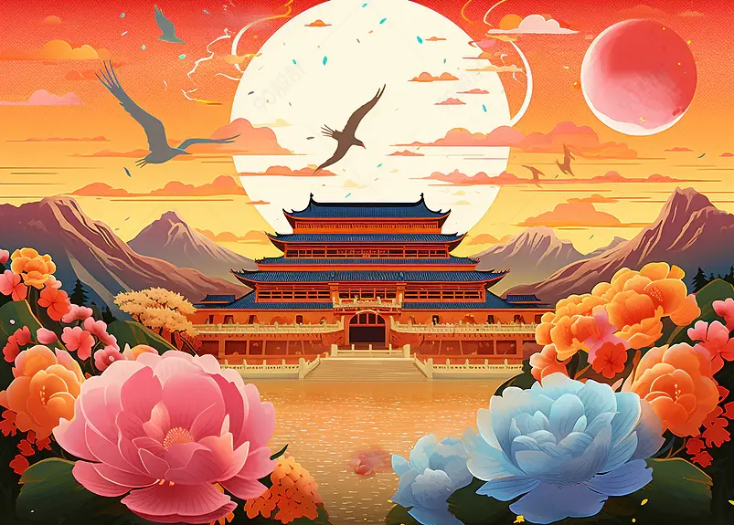国庆中秋天安门中式国潮复古插画