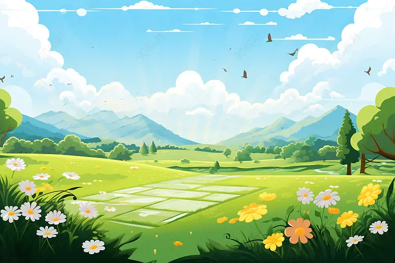 唯美春天卡通唯美蓝天白云草地风景背景