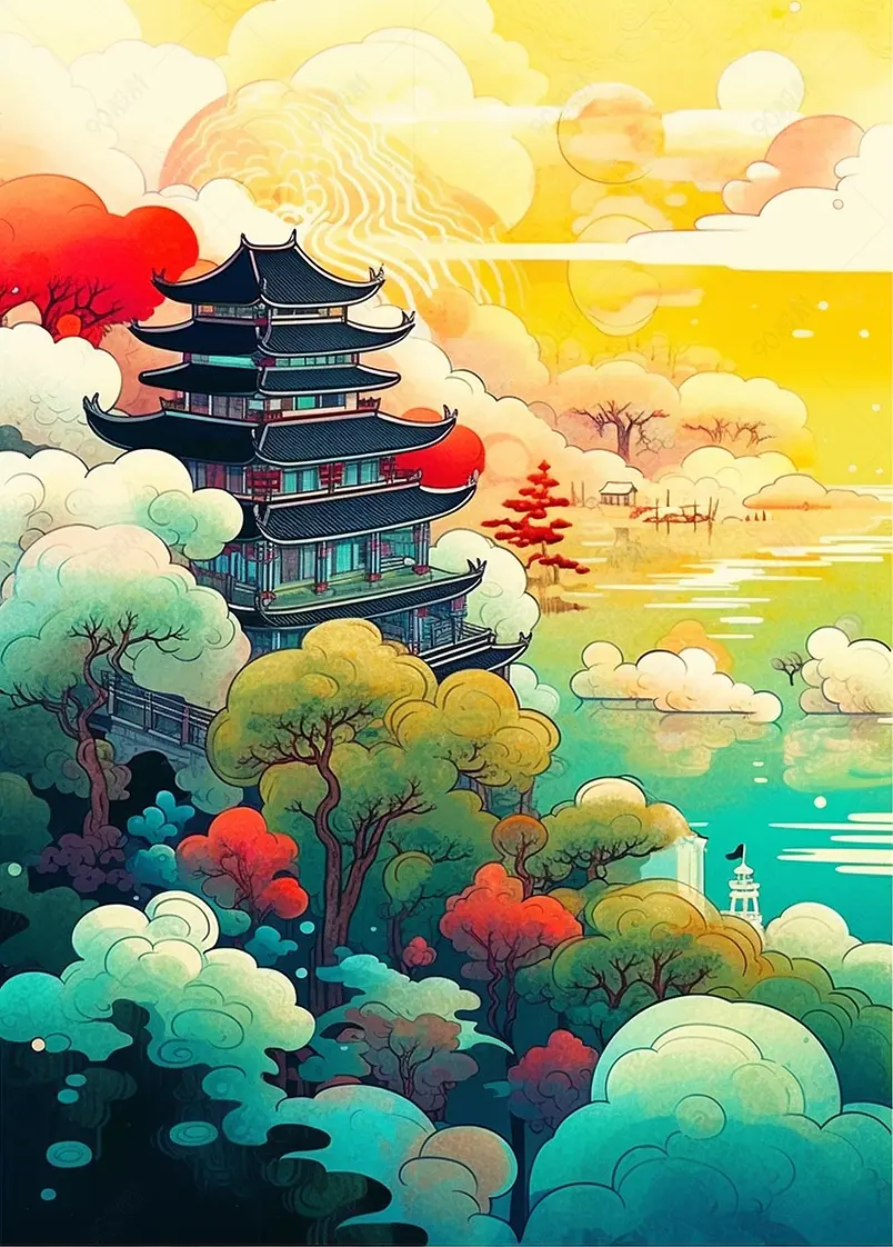国潮古风插画古代建筑山水图油画背景