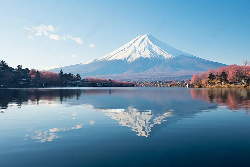 富士山的反射与蓝天相近富士五湖藤川口子山桥日本自然景观背