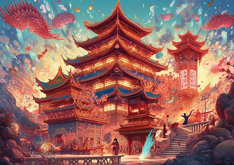 中国风古城建筑国潮节日背景插画