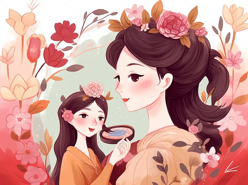 母亲节插画原创手绘人物插画海报女神女王肌理插画头戴鲜花化妆的女人