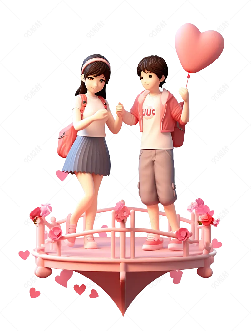 粉色爱心站台上的情侣七夕节3d人物装饰元素