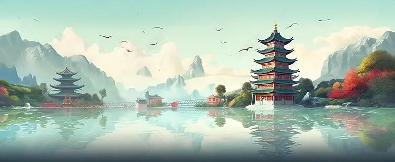 国潮风山水建筑意境插画高台楼亭