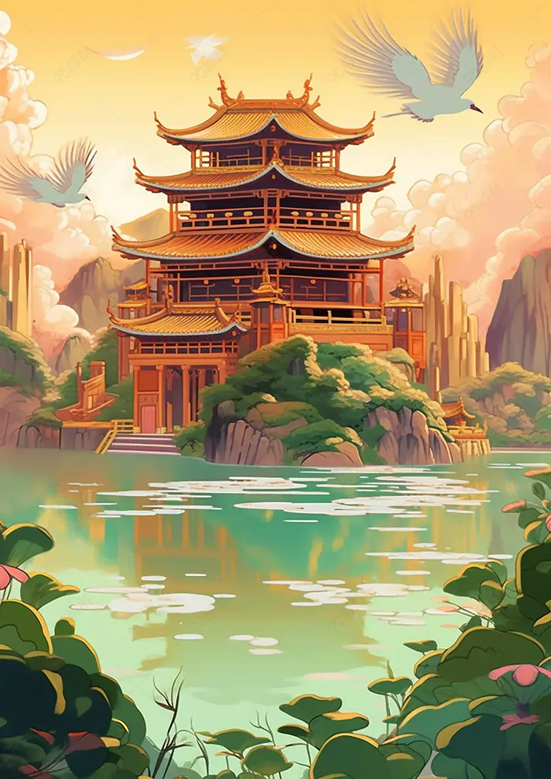 国潮风风景楼阁插画背景