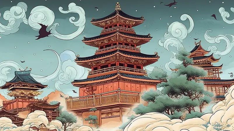 国潮中国风古典古代楼阁群背景