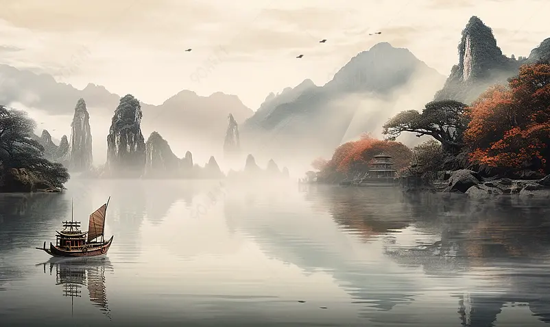 山川河流风景写实水墨画