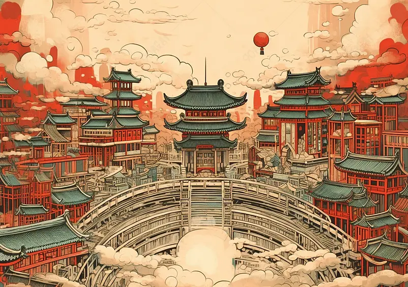 国潮风古建筑祥云背景插画图