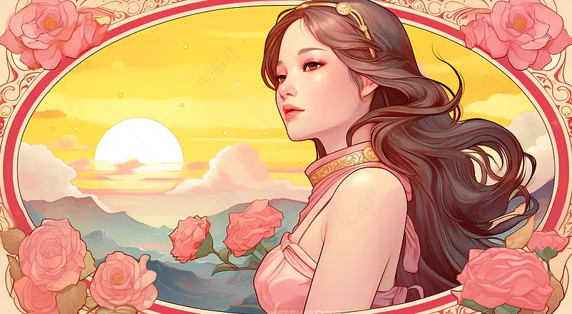 女神节妇女节少女牡丹花卉卡牌海报横版插画手绘