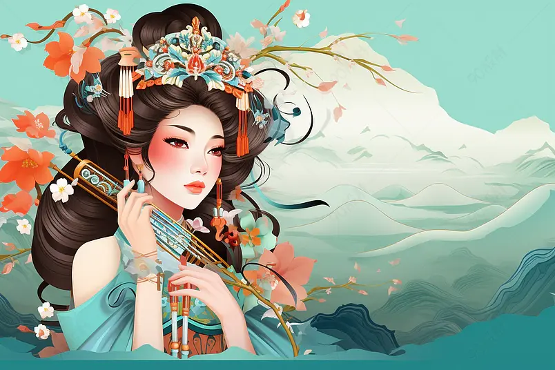 中国风国潮人物古典美女民族服饰山水画背景