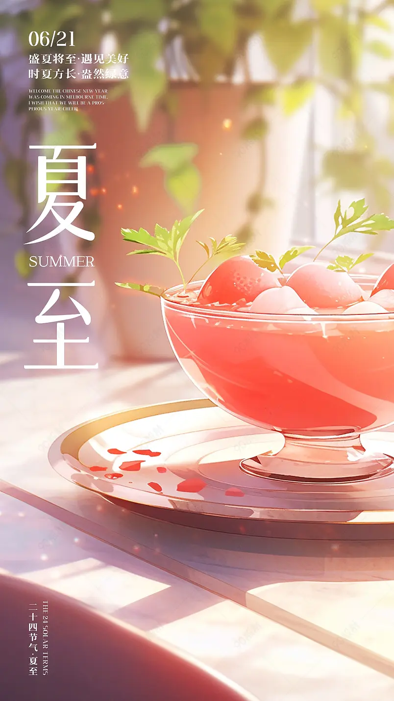 西瓜水果冷饮刨冰卡通手绘插画夏至节气海报