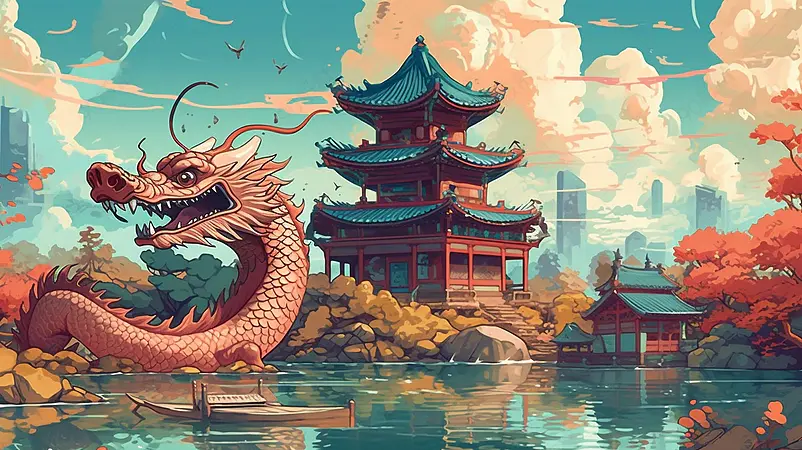 中国龙蓝色天空国潮古建筑湖景湖泊宫殿白云国风插画