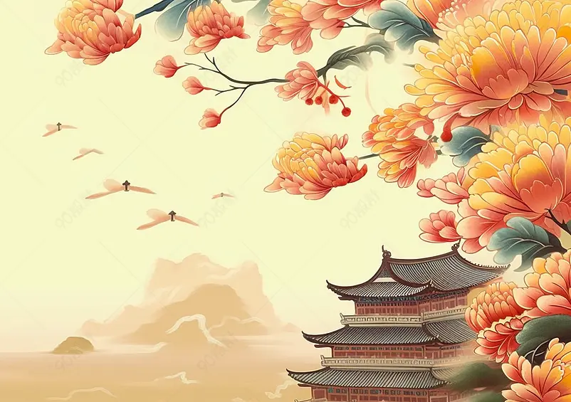 中国风淡雅国潮风花丛中秋灯笼工笔画植物手绘背景