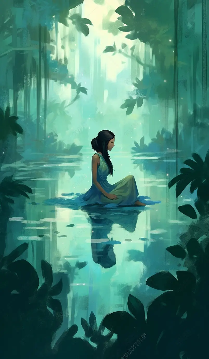 女人侧坐绿色清爽夏季女孩浅水滩水中休息甜美插画