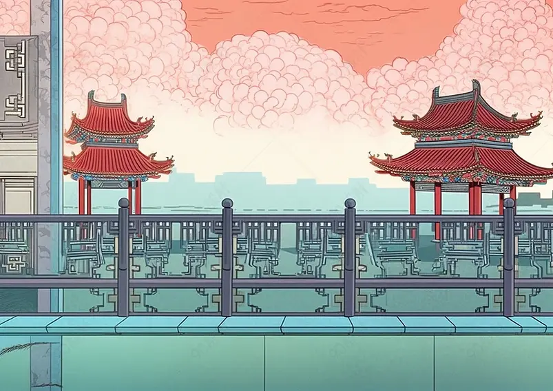 栏杆国风亭子国潮粉色天空桥水面平静倒影蓝色天空背景