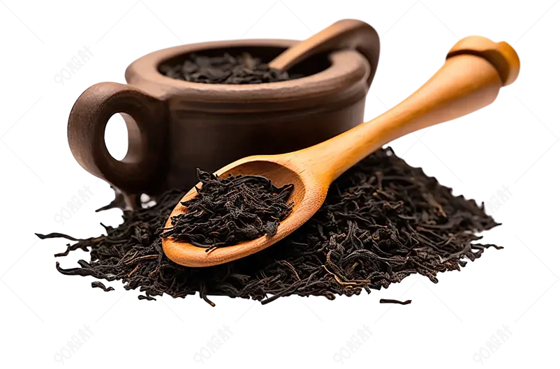 原木色用木勺子装着传统工艺制作的干红茶洒落在四周实物免抠元素