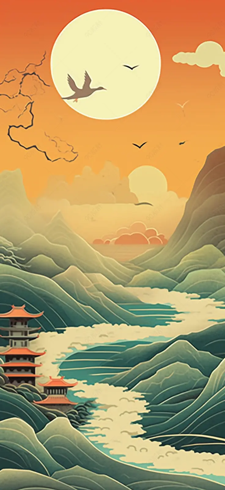 国潮中国风古典楼阁高山流水插画