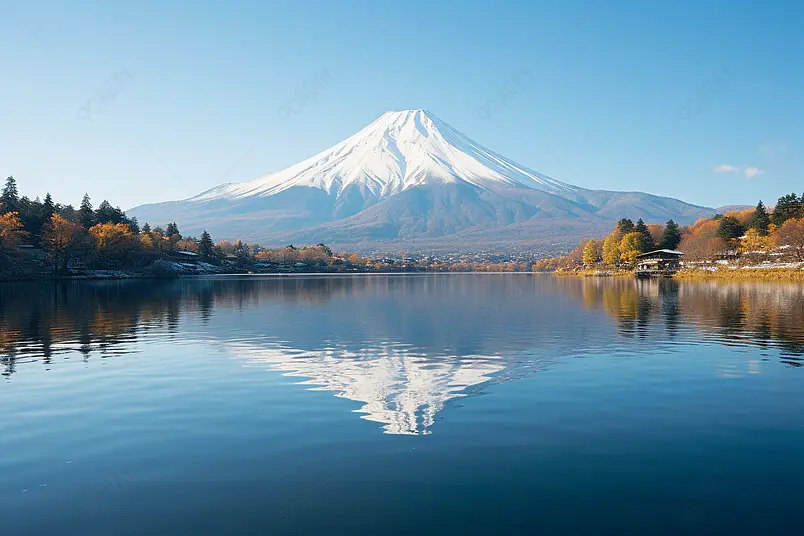 富士山的反射与蓝天相近富士五湖藤川口子山桥日本自然景观背