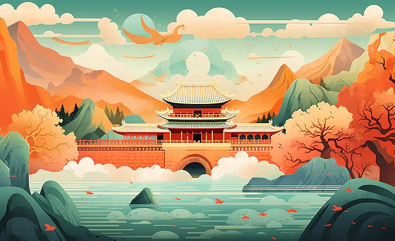 国潮新年海报北京天安门长城中国风背景图大气