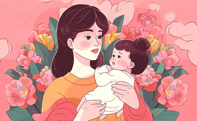 母子人物手绘卡通剪纸风花朵粉色母亲节插画原创海报广告图