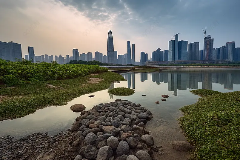 实拍蓝色傍晚城市远景河边草地拍摄背景