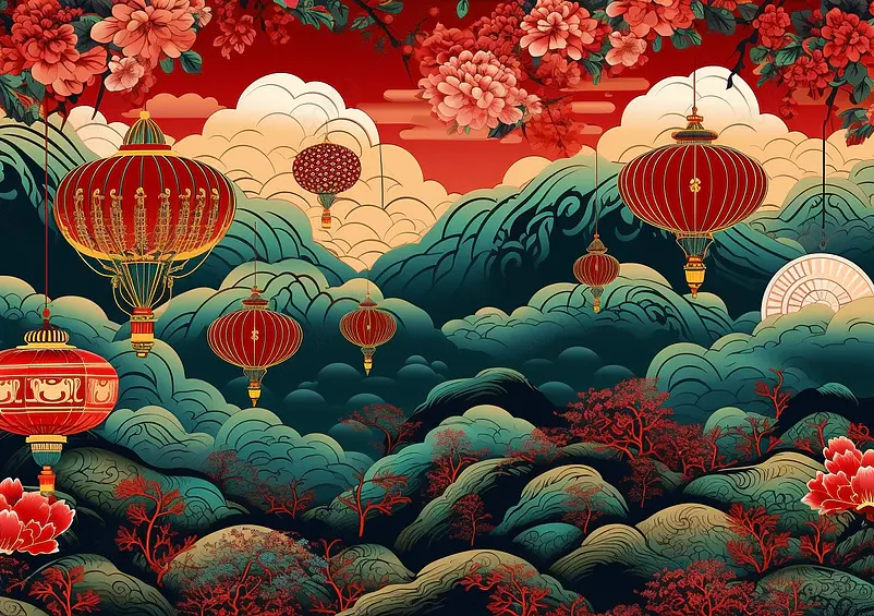 中国风红灯笼祥云国潮插画背景
