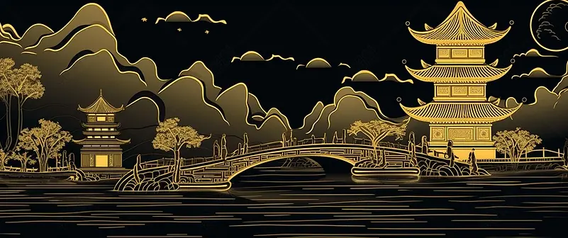 黑金质感国潮风小巧流水人家绘横板壁纸