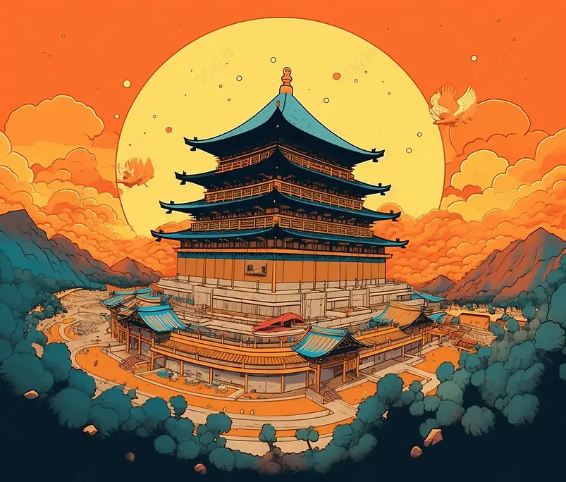 鱼眼镜头庭院古典祥云国潮风中国风传统文化节日插画