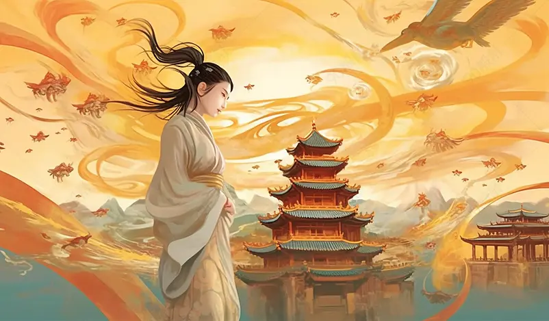 敦煌飞天金色调国潮创意插画