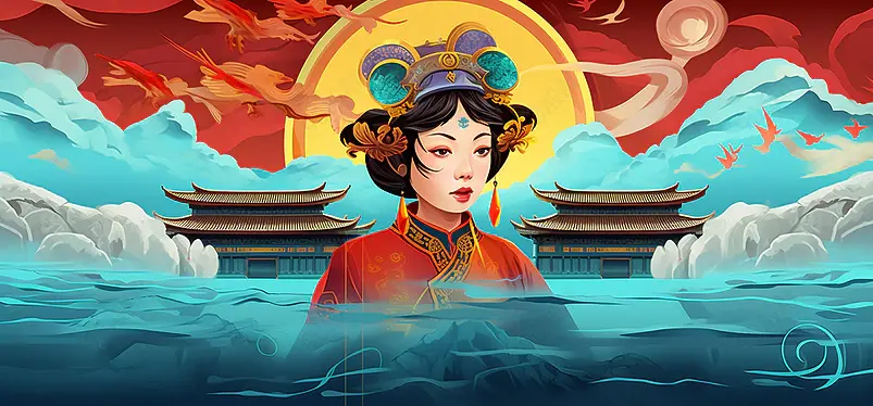 电商大促国潮山水中国风旗袍美女海报插画