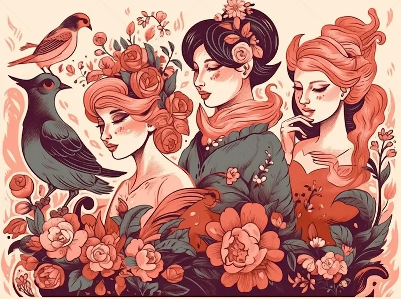 母亲节插画原创手绘人物插画海报女神女王肌理插画三个化妆的女人
