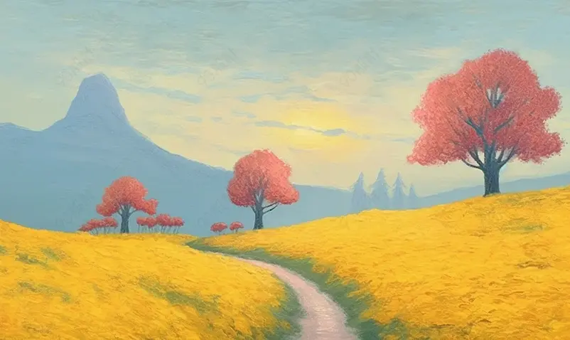 秋天麦田小路抽象风景油画
