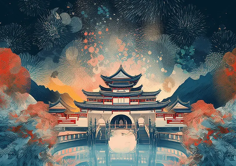 古建筑国潮风背景插画