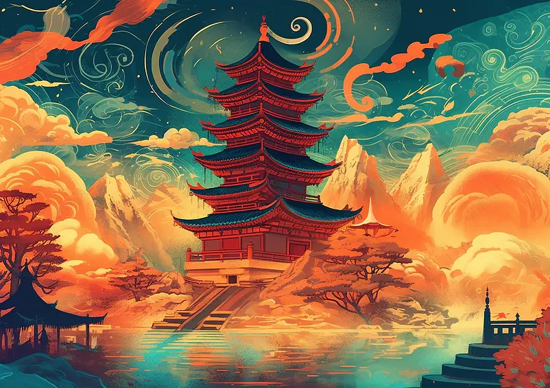 山间楼阁晚霞水塘古建筑国潮节日背景插画