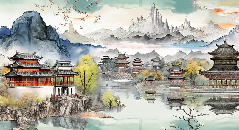 山水唯美四川城市印象旅游水墨插画