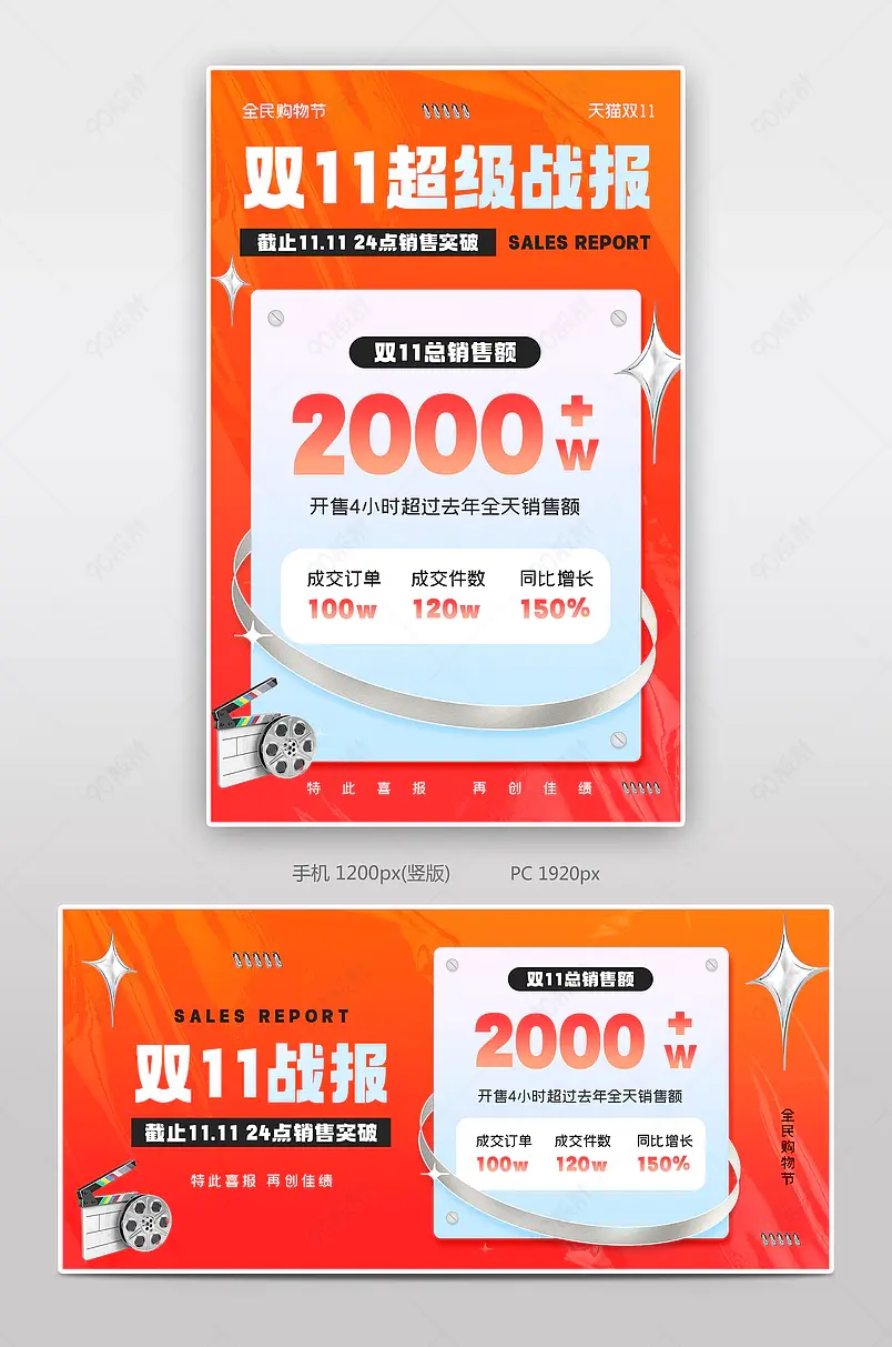 天猫双十一年终大促红色超级战报战绩捷报酸性海报