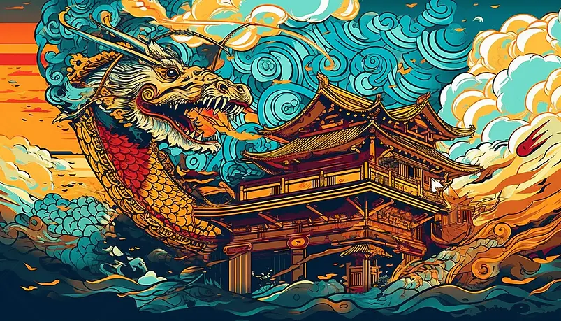 国潮风古建筑插画背景图