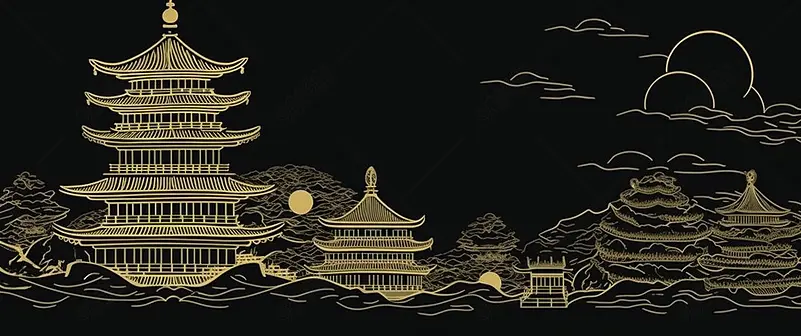 黑金质感国潮风在古建筑塔群手绘横板壁纸