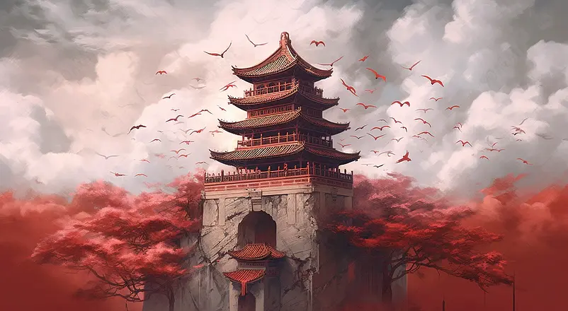 国潮风甘肃省兰州白塔山插画