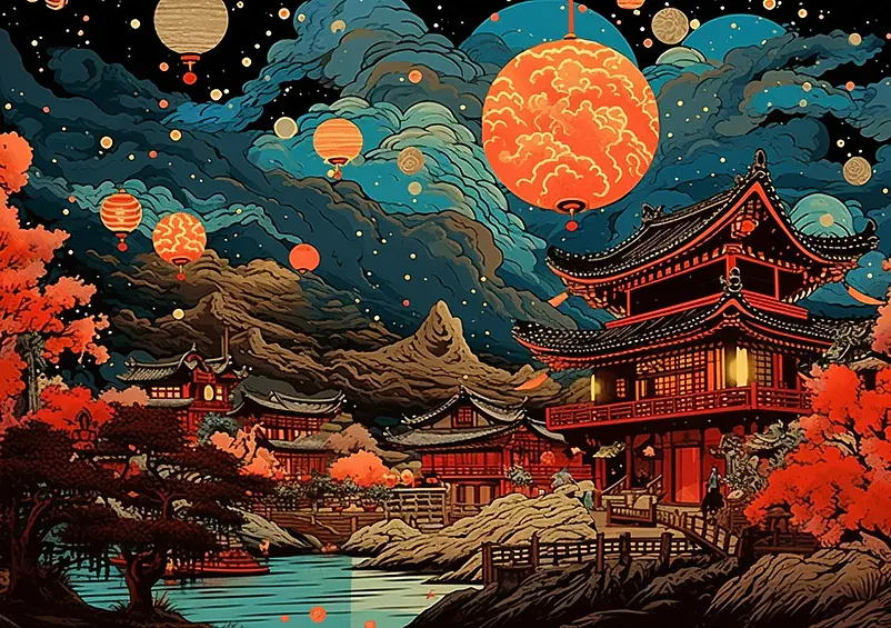 庭院复古夜间灯笼高高挂起古建筑国潮节日背景插画