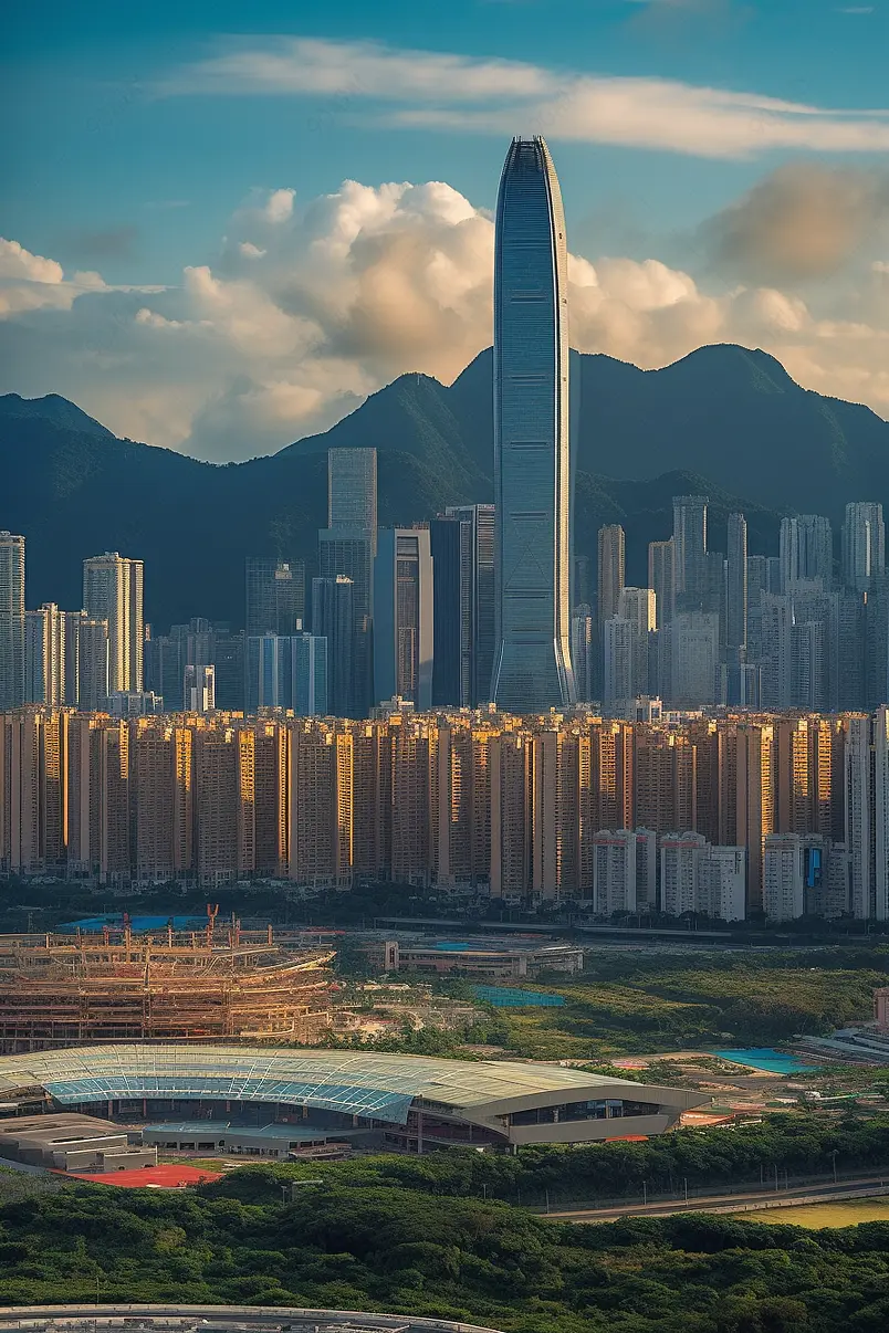 山脉现代城市都市商务高楼大厦俯拍大远景摄影