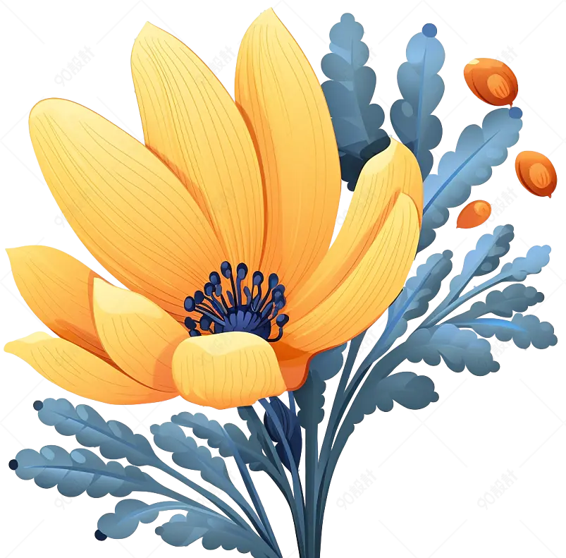 黄色手绘风小清新花朵花卉蓝色树叶元素