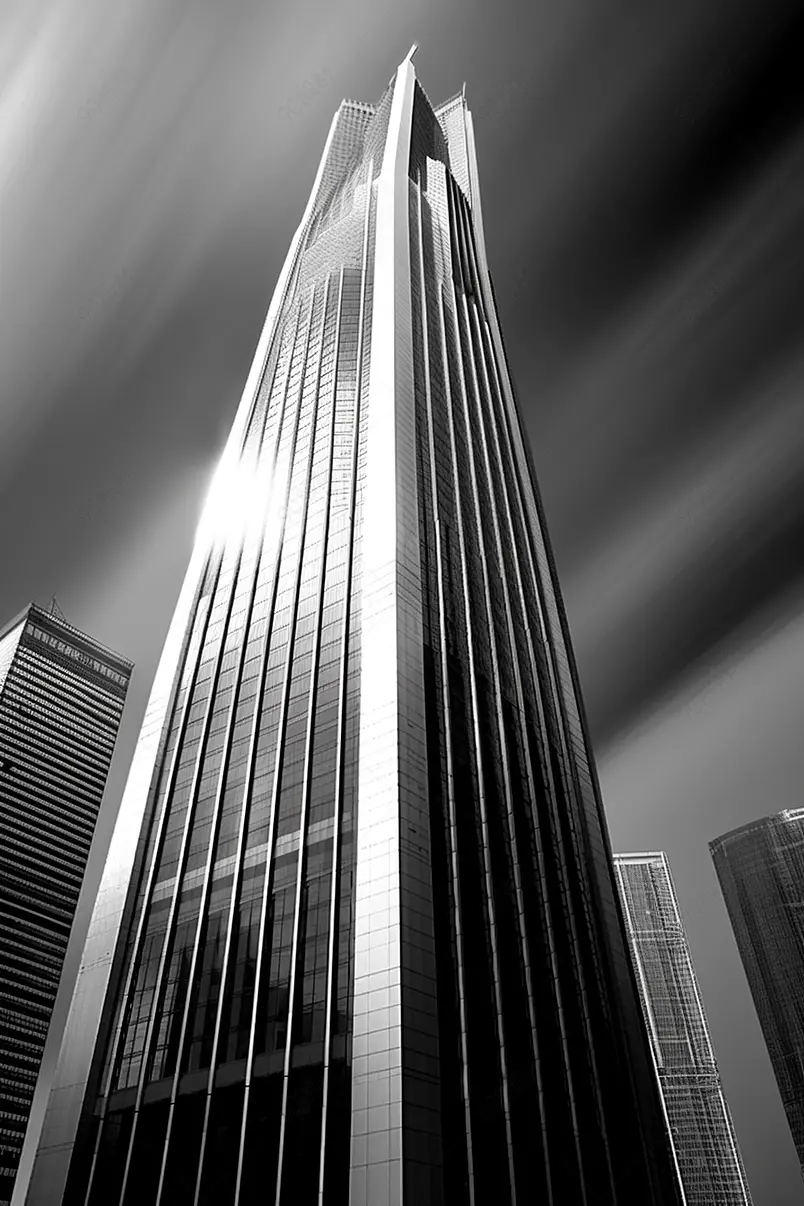 高耸入云复古胶片黑白仰拍现代高楼大厦玻璃幕墙办公楼摄影