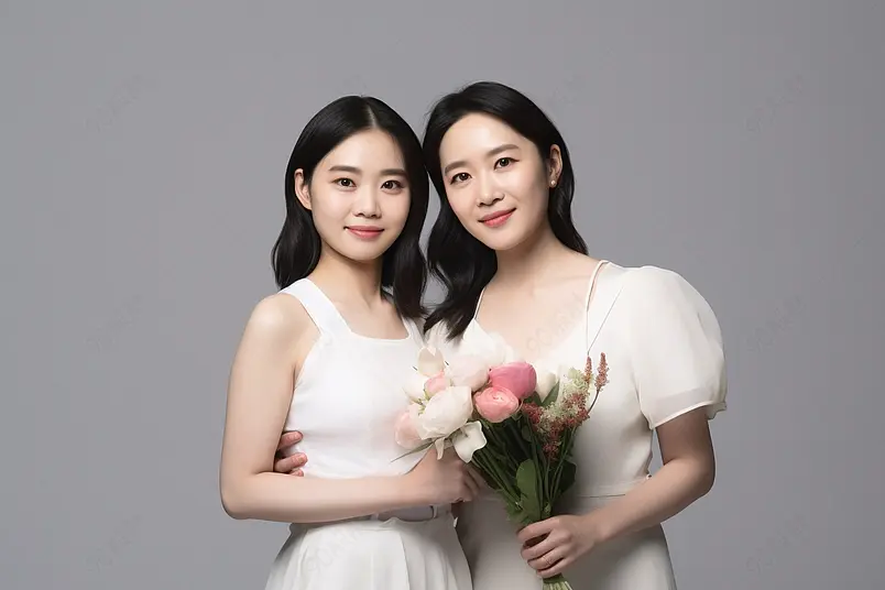 母亲节女儿送妈妈鲜花礼物摄影图