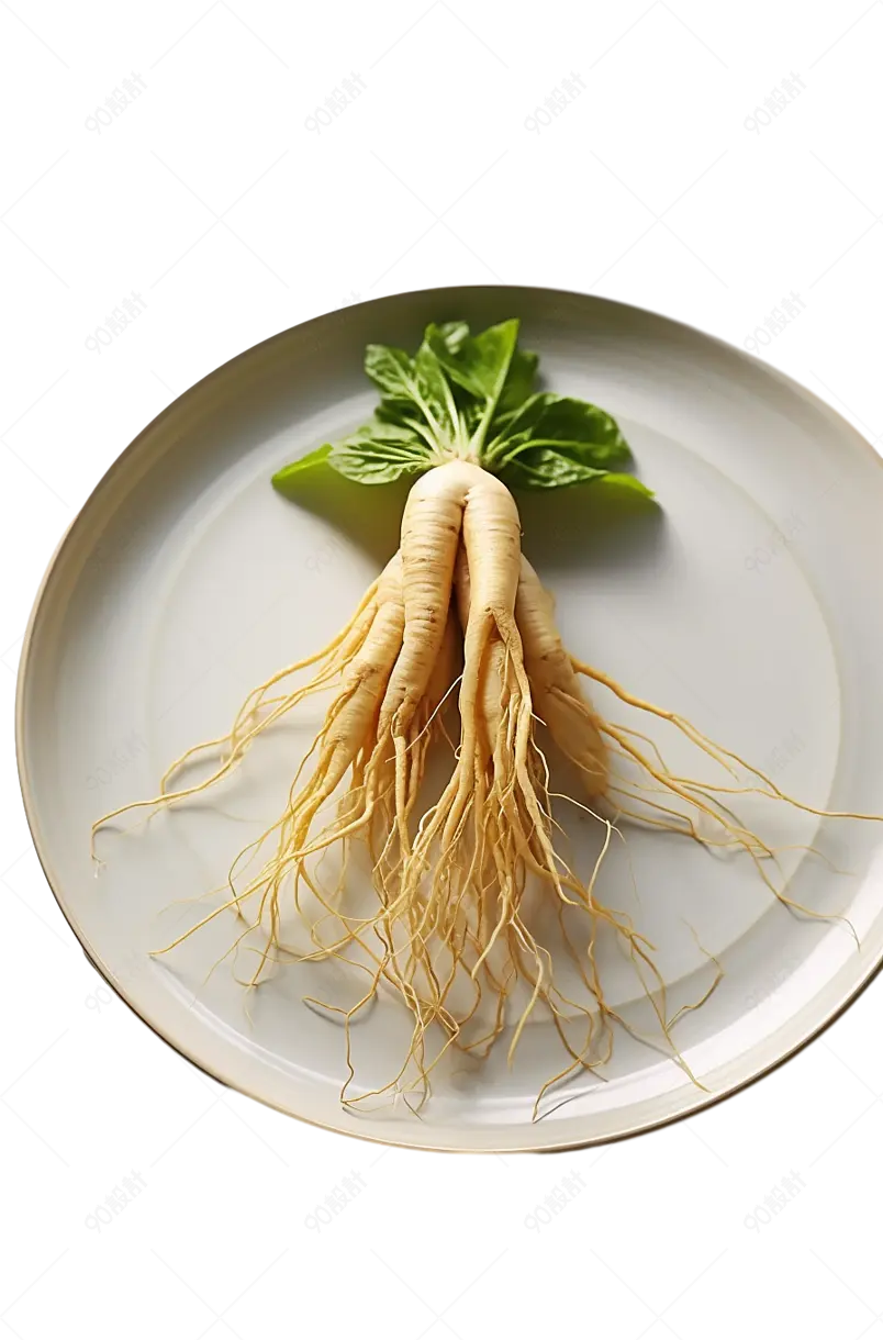 白盘子上的人参新鲜花旗参党参中医药材草本植物保健养生药草