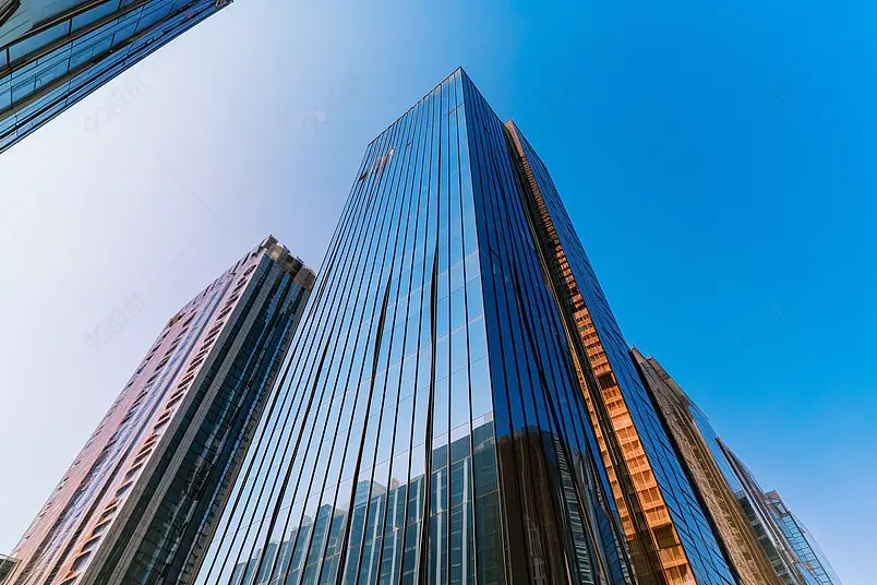 实拍蓝色写字楼高楼林立摄影背景