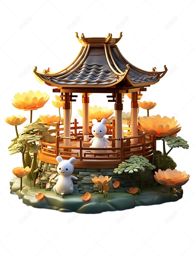 绿色草坪上的兔子和亭子中秋团圆节c4d装饰元素