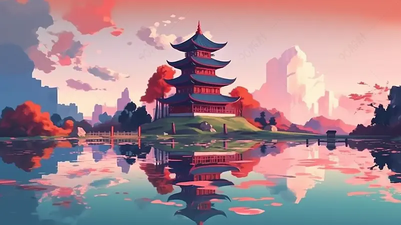 红色云黄昏蓝色天空国潮古建筑湖景湖泊宫殿白云国风插画