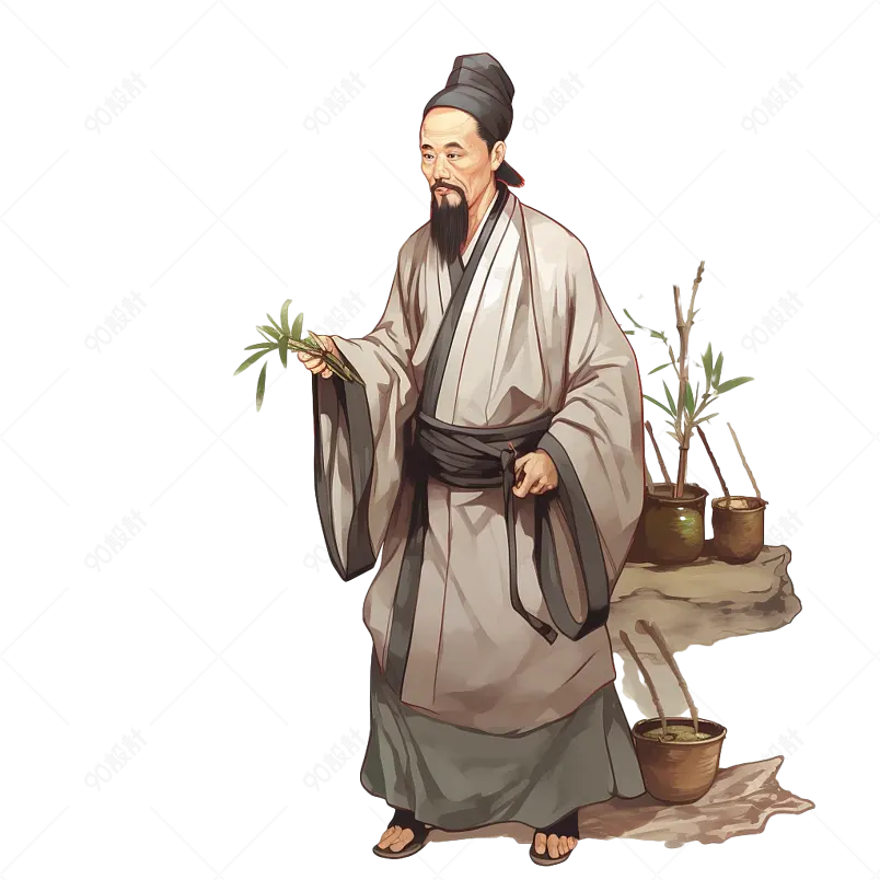 灰褐色手绘风中国古代名医中医采药插画元素